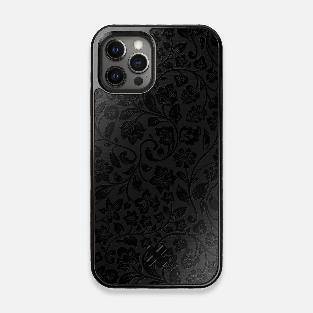 Front view of the highly detailed midnight floral engraving on matte black impact acrylic iPhone 12/12 Pro Case by Keyway Designs