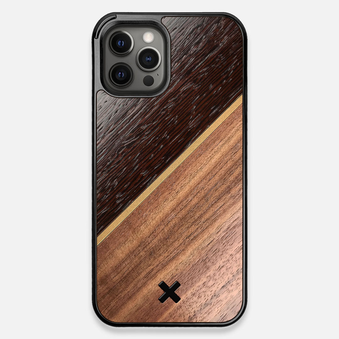 Front view of the Alium Walnut, Gold, and Wenge Elegant Wood iPhone 12 Pro Max Case by Keyway Designs