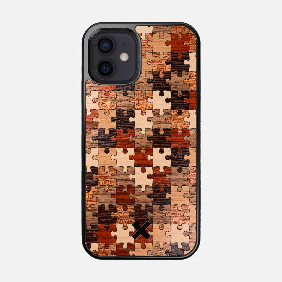 Puzzle Case for the Apple iPhone 12 featuring a Wenge, Maple, Cherry, Sapele, Padauk, and Walnut Wood backer with the Keyway X Mark#Phone Model_iPhone 12