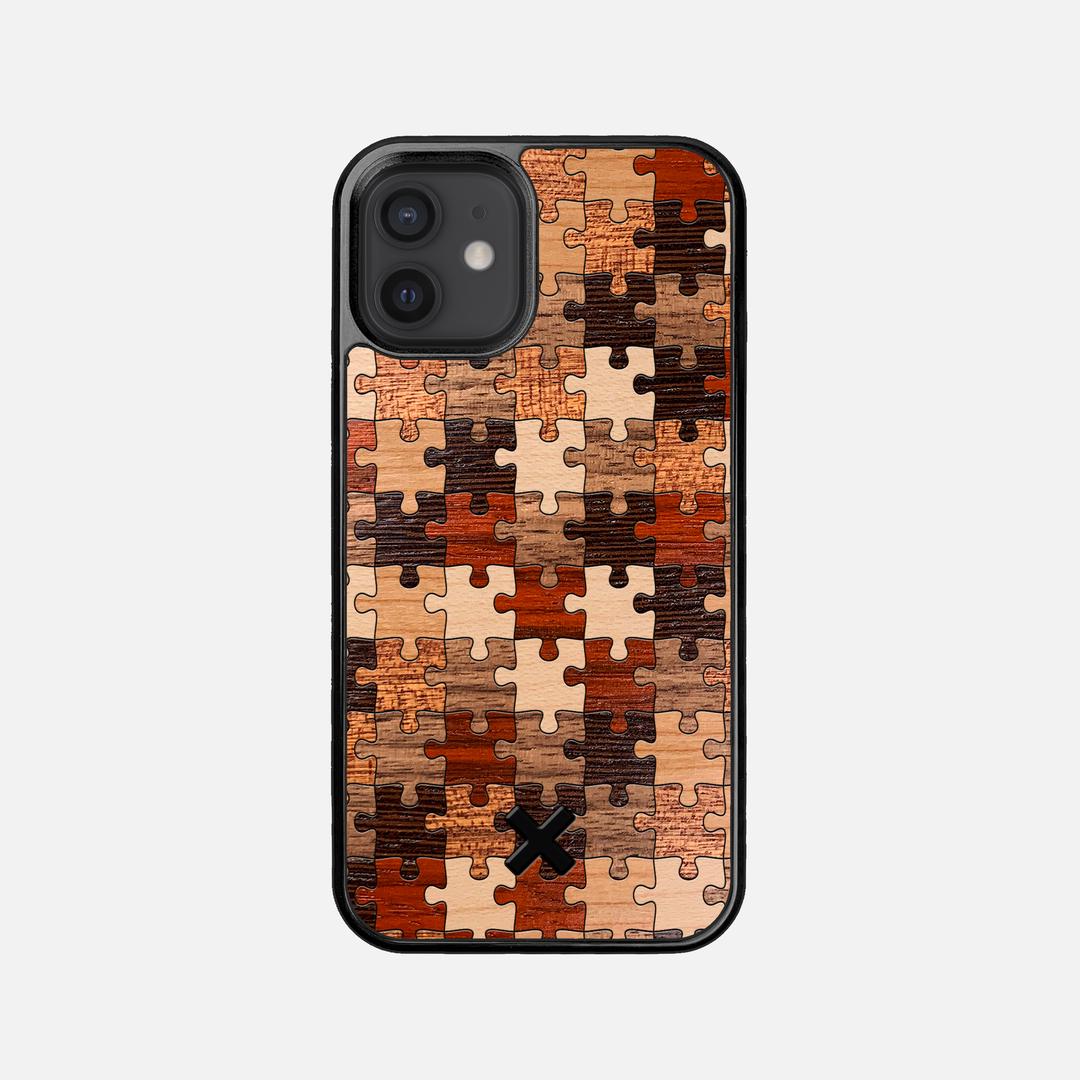Puzzle Case for the Apple iPhone 12 Mini featuring a Wenge, Maple, Cherry, Sapele, Padauk, and Walnut Wood backer with the Keyway X Mark#Phone Model_iPhone 12 Mini