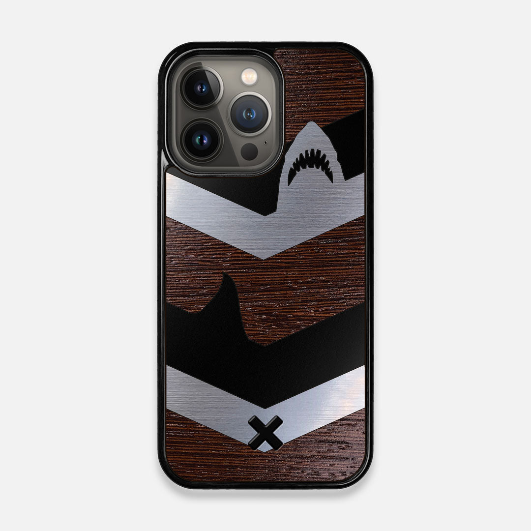 Front view of the Shark Chevron Dark By Parker Barrow Wenge Wood iPhone 13 Pro Case by Keyway Designs