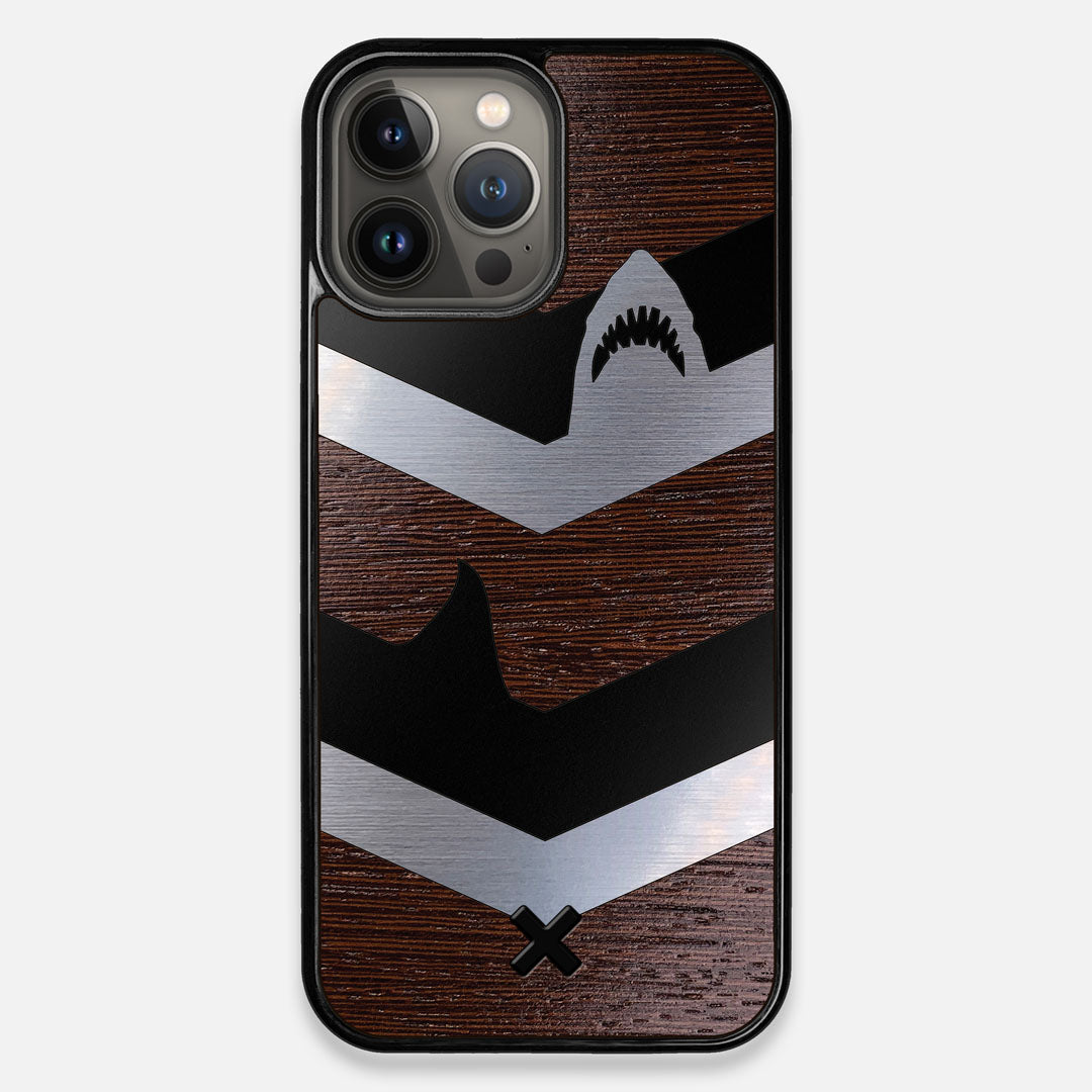 Front view of the Shark Chevron Dark By Parker Barrow Wenge Wood iPhone 13 Pro Max Case by Keyway Designs
