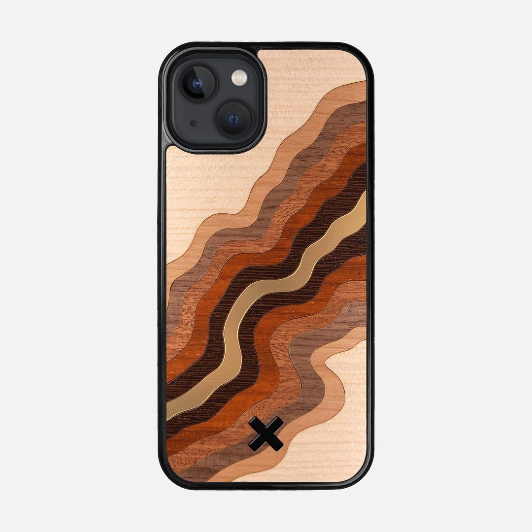 Canyon Case for the Apple iPhone 13 featuring a flowing Gold, Maple, Cherry, Walnut, Sapele, Padauk, and Wenge Wood backer with the Keyway X Mark#Phone Model_iPhone 13