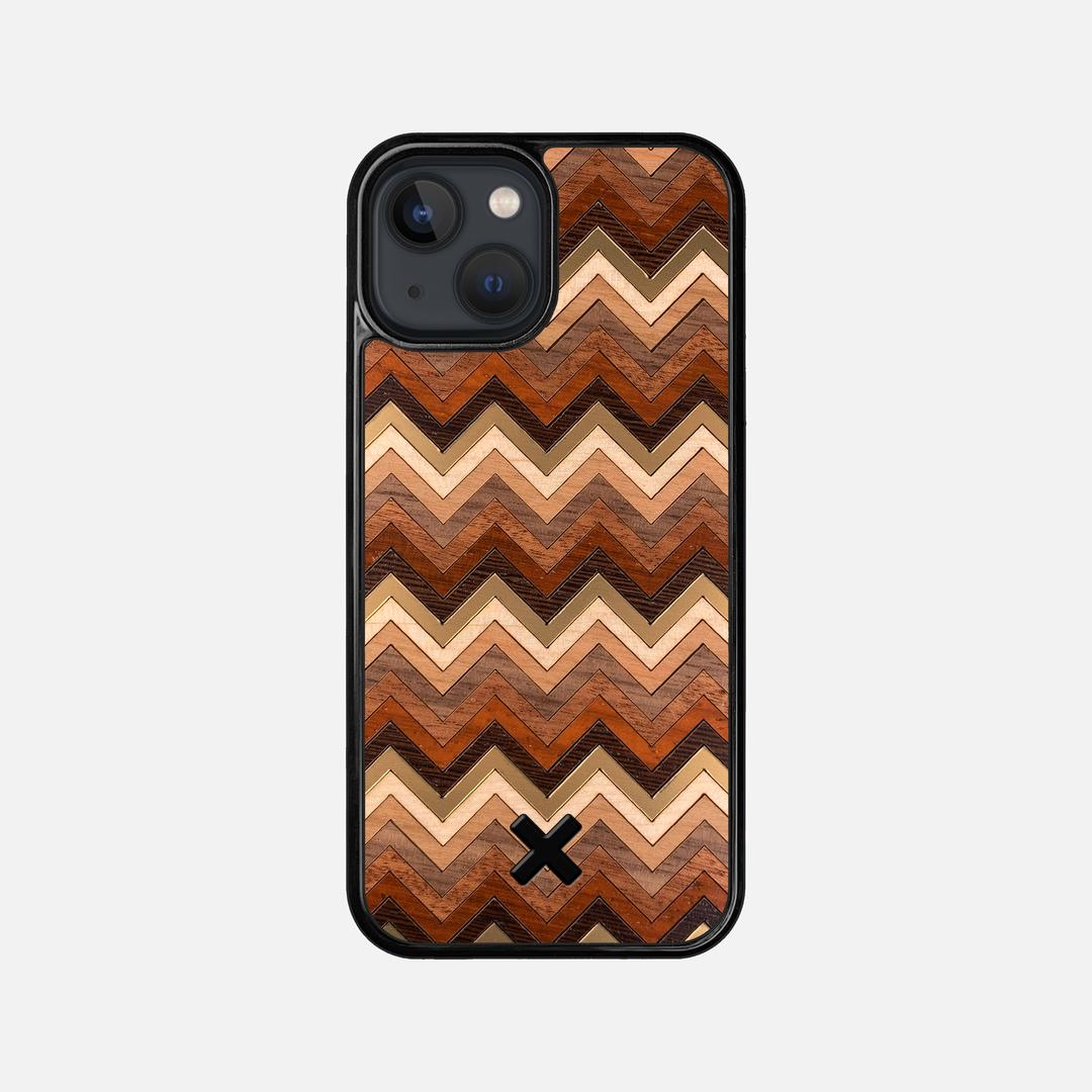 Echo Case for the Apple iPhone 13 Mini featuring a zigzag Gold, Maple, Cherry, Walnut, Sapele, Padauk, and Wenge Wood backer with the Keyway X Mark#Phone Model_iPhone 13 Mini