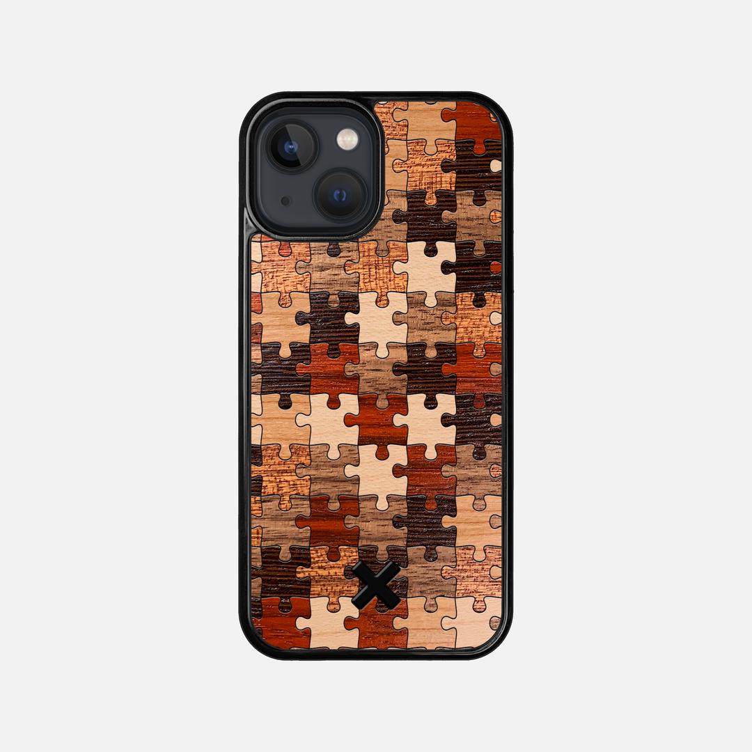 Puzzle Case for the Apple iPhone 13 Mini featuring a Wenge, Maple, Cherry, Sapele, Padauk, and Walnut Wood backer with the Keyway X Mark#Phone Model_iPhone 13 Mini
