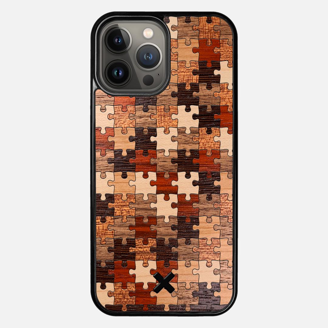 Puzzle Case for the Apple iPhone 13 Pro Max featuring a Wenge, Maple, Cherry, Sapele, Padauk, and Walnut Wood backer with the Keyway X Mark#Phone Model_iPhone 13 Pro Max