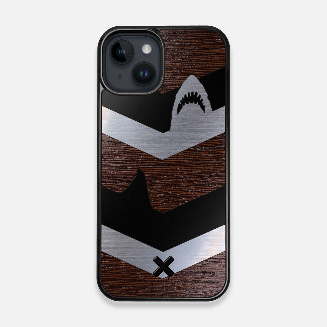 Front view of the Shark Chevron Dark By Parker Barrow Wenge Wood iPhone 14 MagSafe Case by Keyway Designs