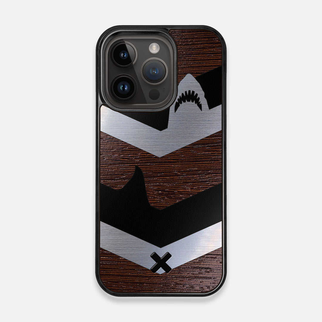 Front view of the Shark Chevron Dark By Parker Barrow Wenge Wood iPhone 14 Pro MagSafe Case by Keyway Designs