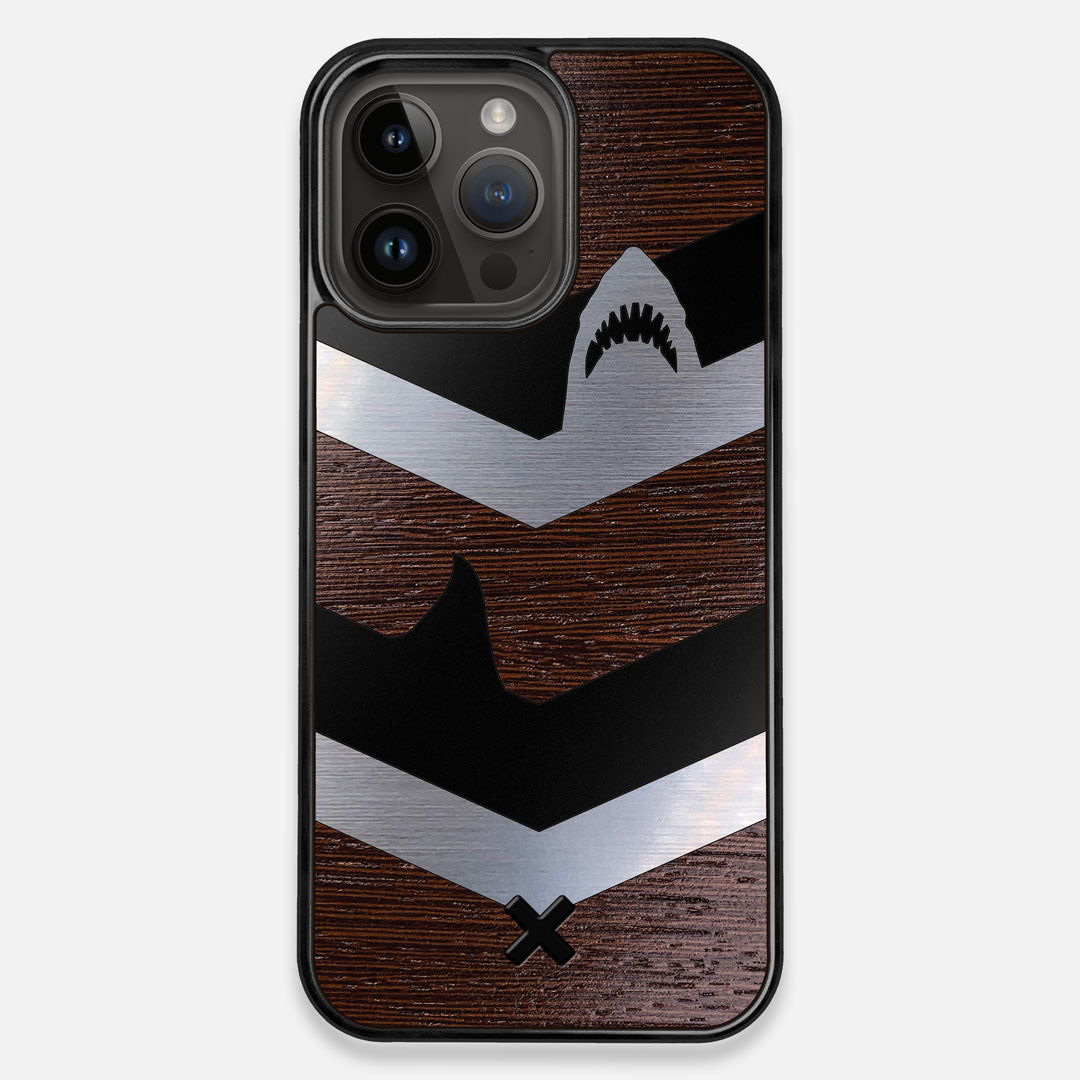 Front view of the Shark Chevron Dark By Parker Barrow Wenge Wood iPhone 14 Pro Max MagSafe Case by Keyway Designs