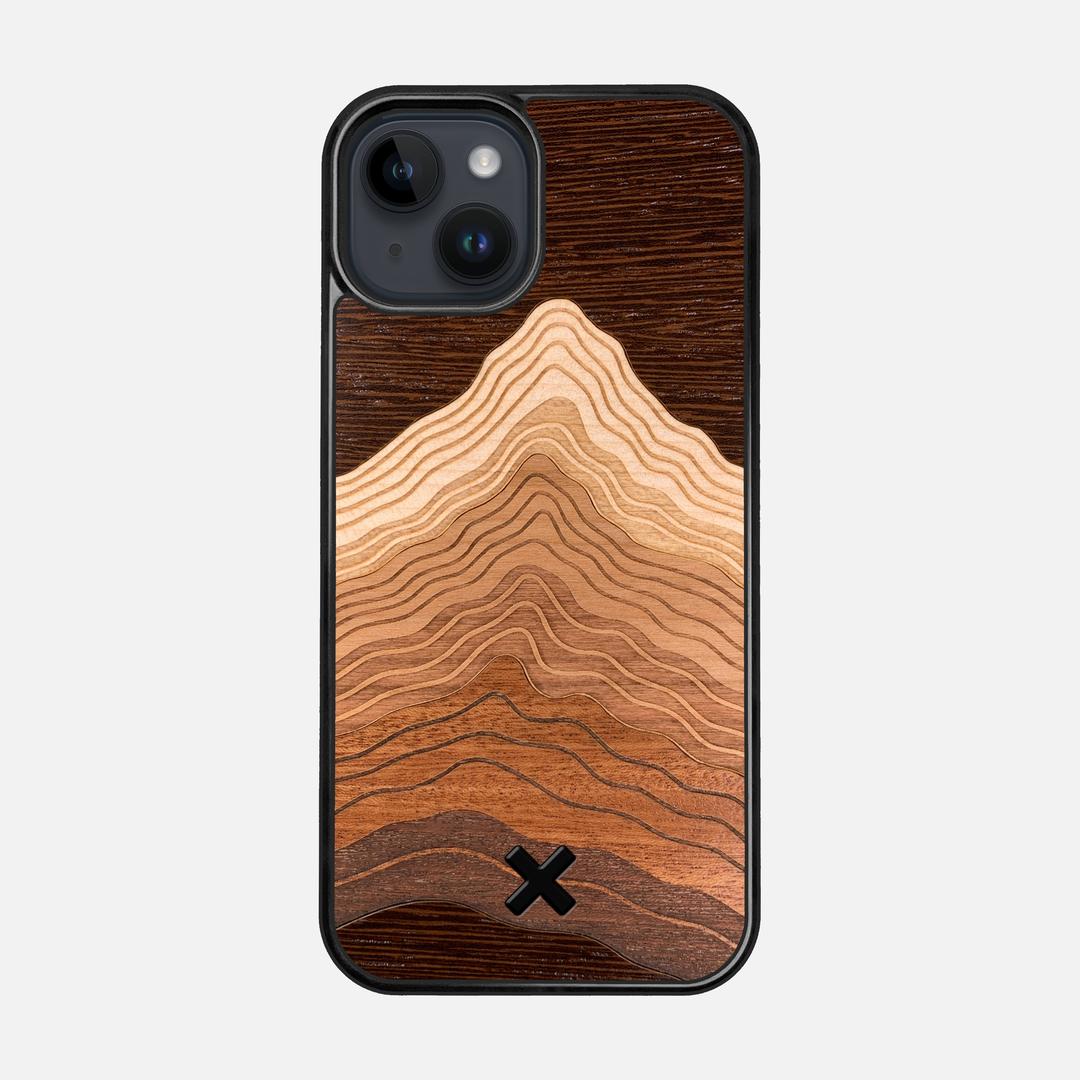 Summit Case for the Apple iPhone 14 featuring a mountain of Wenge, Maple, Cherry, and Sapele Wood backer with the Keyway X Mark#Phone Model_iPhone 14