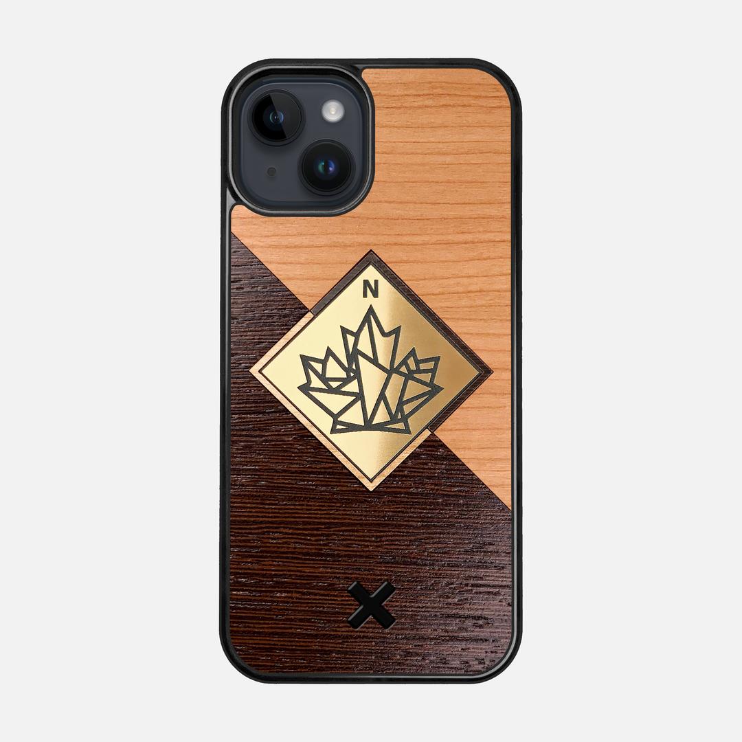 True North Case for the Apple iPhone 14 featuring an Engraved Gold, Cherry, and Wenge Wood backer with the Keyway X Mark#Phone Model_iPhone 14