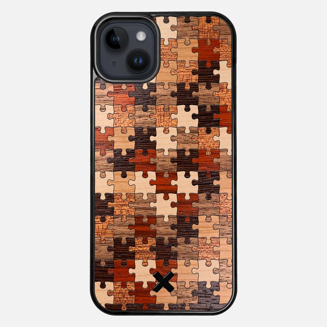 Puzzle Case for the Apple iPhone 14 Plus featuring a Wenge, Maple, Cherry, Sapele, Padauk, and Walnut Wood backer with the Keyway X Mark#Phone Model_iPhone 14 Plus