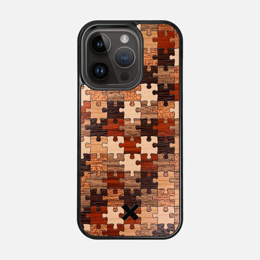Puzzle Case for the Apple iPhone 14 Pro featuring a Wenge, Maple, Cherry, Sapele, Padauk, and Walnut Wood backer with the Keyway X Mark#Phone Model_iPhone 14 Pro
