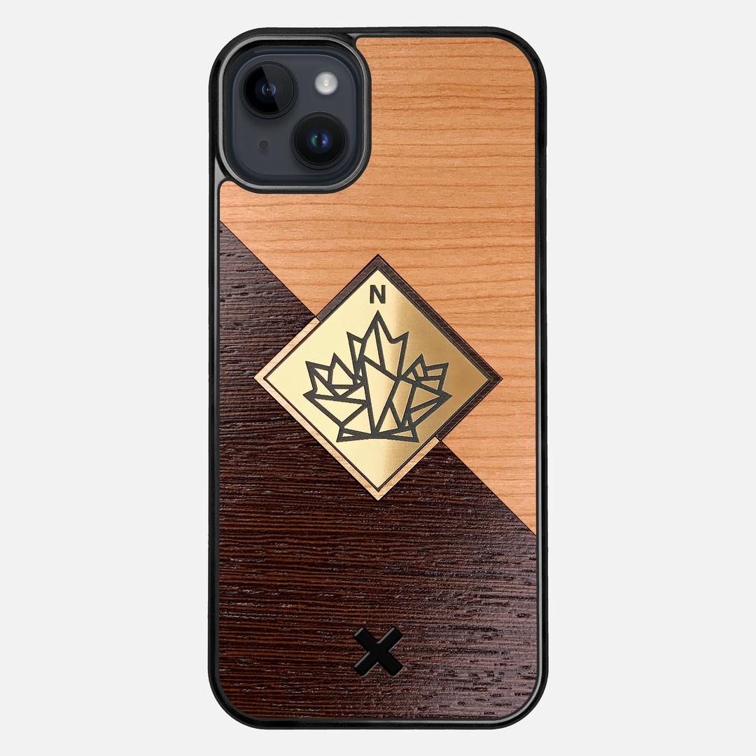 True North Case for the Apple iPhone 15 Plus featuring an Engraved Gold, Cherry, and Wenge Wood backer with the Keyway X Mark#Phone Model_iPhone 15 Plus
