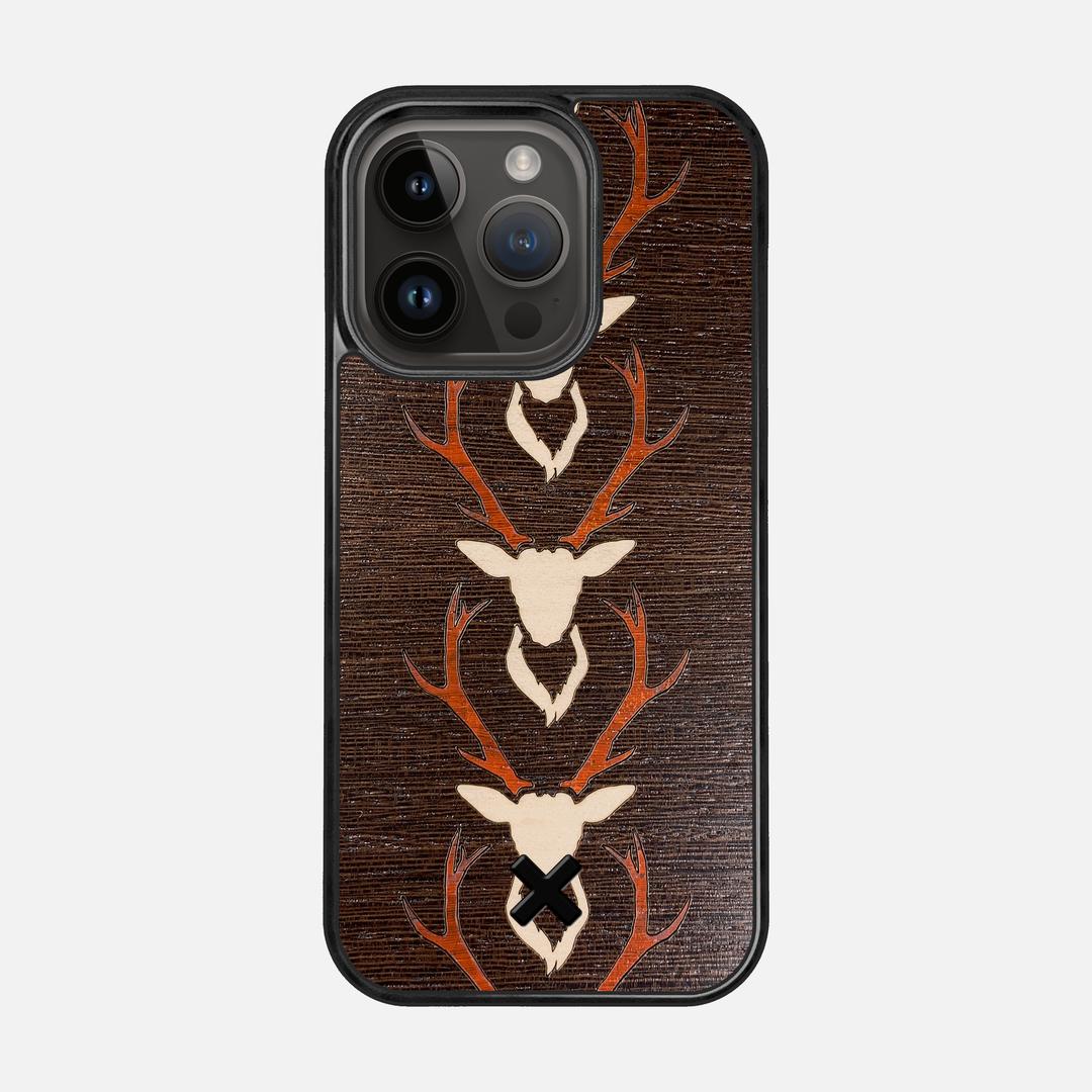 Stag Case for the Apple iPhone 15 Pro featuring a Maple & Padauk Deer Inlay on a Wenge Wood backer with the Keyway X Mark#Phone Model_iPhone 15 Pro