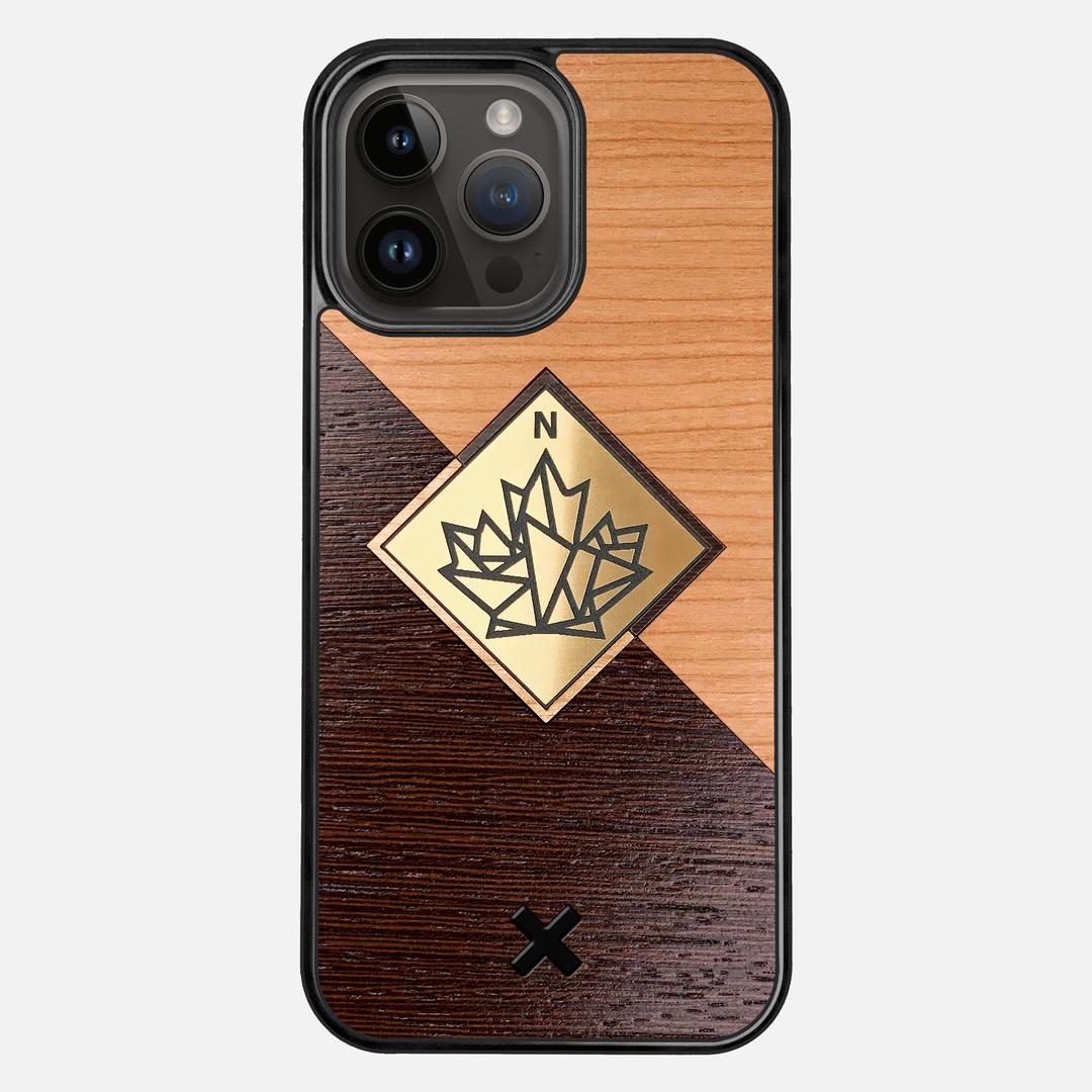True North Case for the Apple iPhone 15 Pro Max featuring an Engraved Gold, Cherry, and Wenge Wood backer with the Keyway X Mark#Phone Model_iPhone 15 Pro Max
