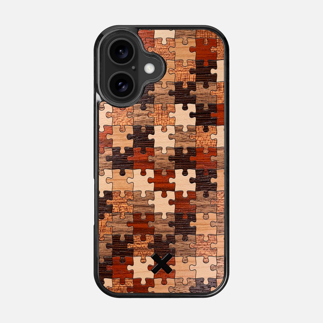Puzzle Case for the Apple iPhone 16 featuring a Wenge, Maple, Cherry, Sapele, Padauk, and Walnut Wood backer with the Keyway X Mark#Phone Model_iPhone 16