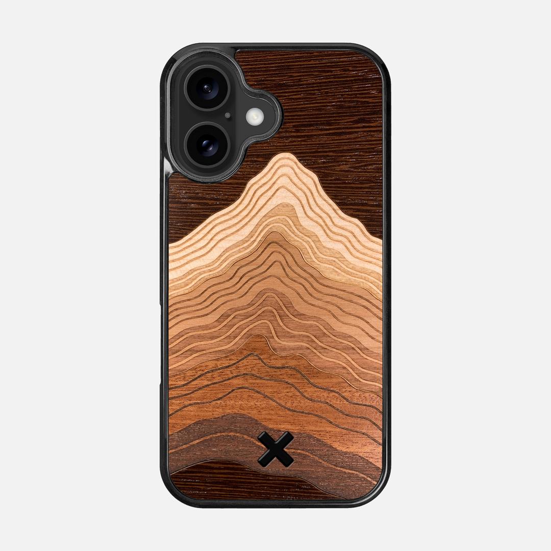 Summit Case for the Apple iPhone 16 featuring a mountain of Wenge, Maple, Cherry, and Sapele Wood backer with the Keyway X Mark#Phone Model_iPhone 16