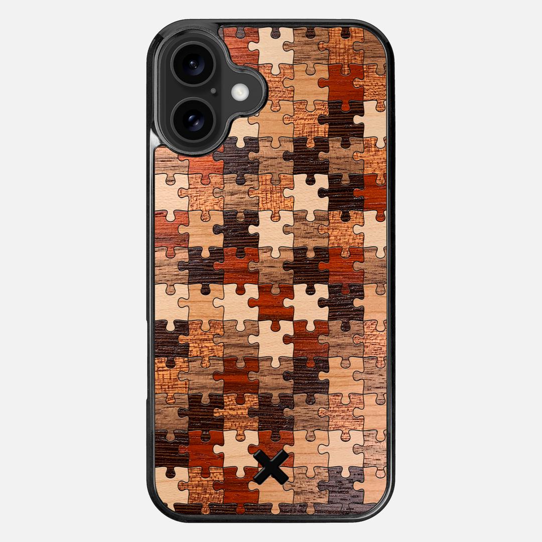 Puzzle Case for the Apple iPhone 16 Plus featuring a Wenge, Maple, Cherry, Sapele, Padauk, and Walnut Wood backer with the Keyway X Mark#Phone Model_iPhone 16 Plus