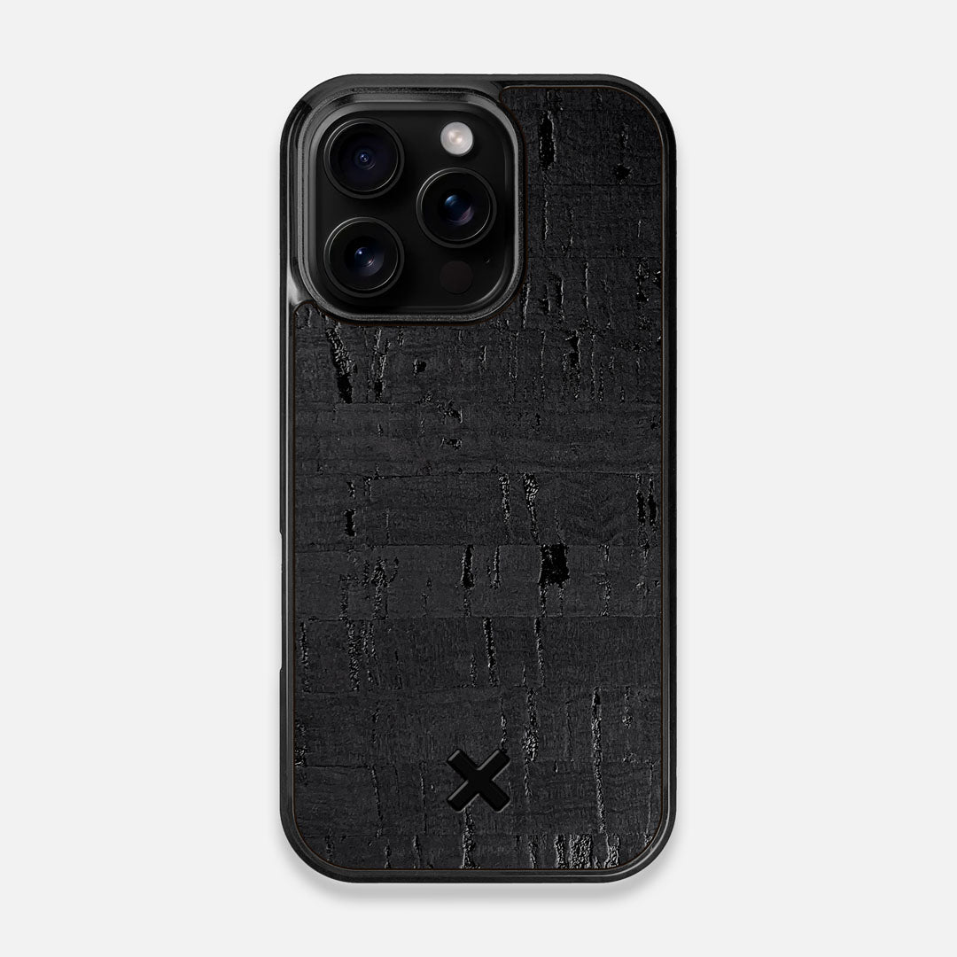 Front view of the dyed black natural cork iPhone 16 Pro MagSafe Case by Keyway Designs