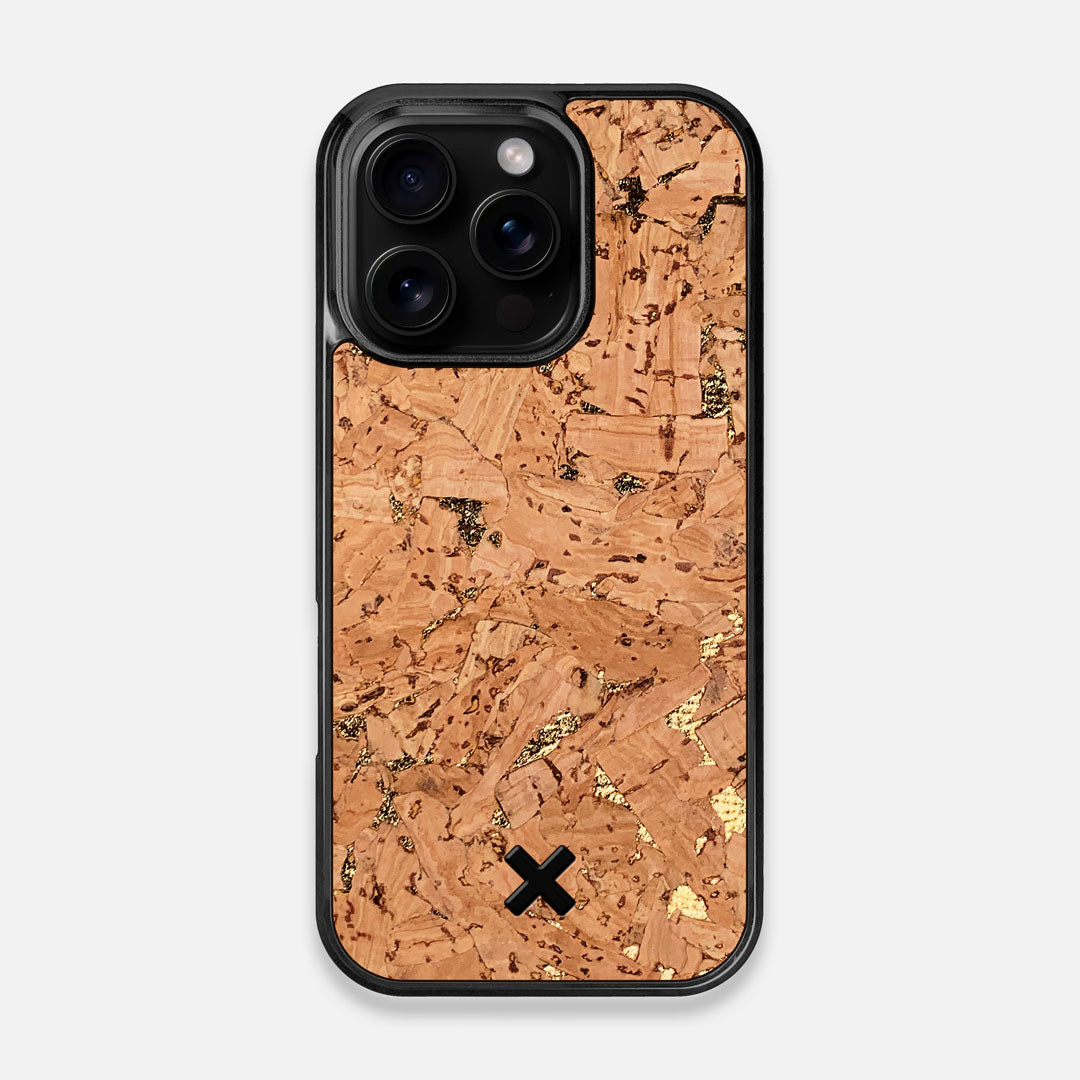 Front view of the gold fleck natural cork iPhone 16 Pro MagSafe Case by Keyway Designs