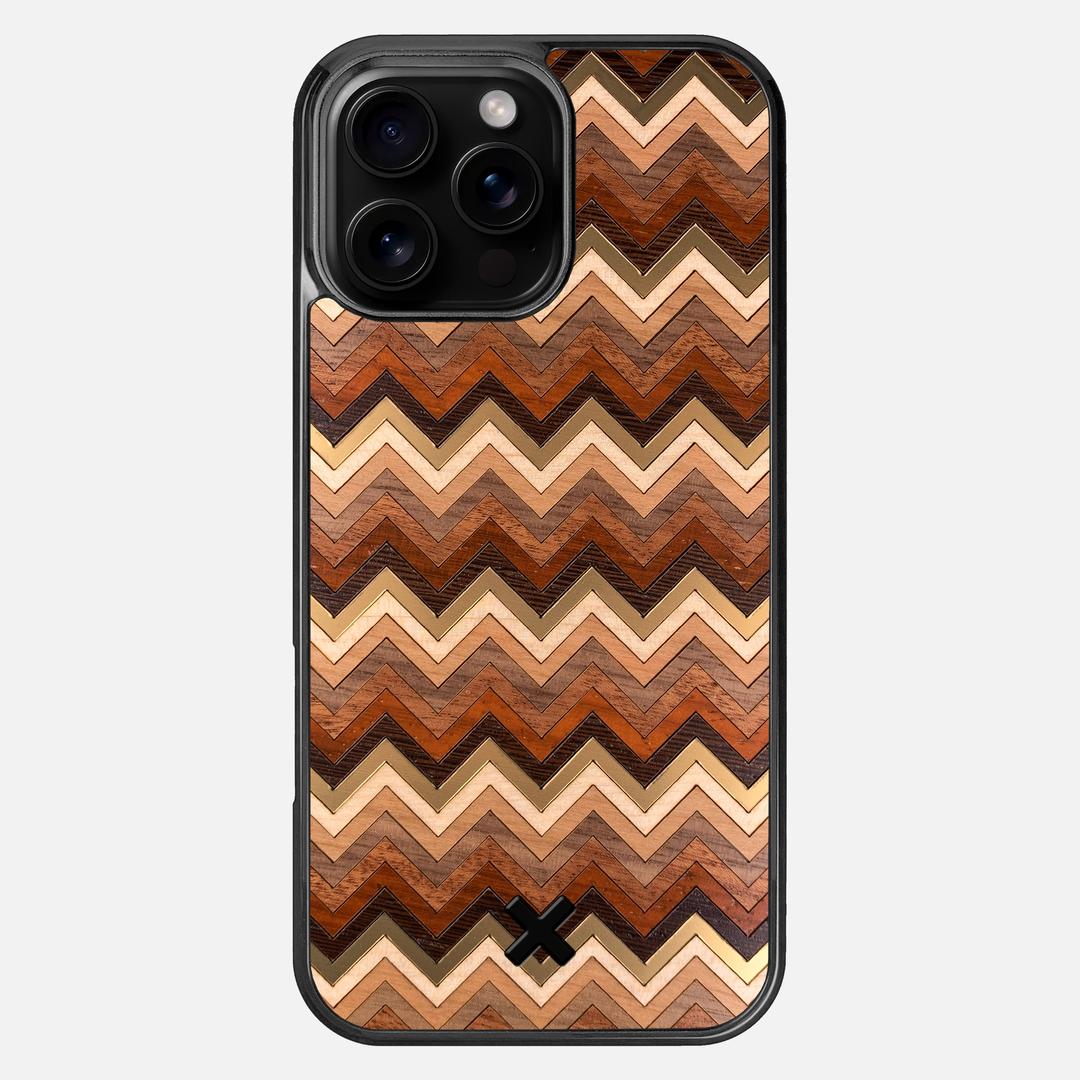 Echo Case for the Apple iPhone 16 Pro Max featuring a zigzag Gold, Maple, Cherry, Walnut, Sapele, Padauk, and Wenge Wood backer with the Keyway X Mark#Phone Model_iPhone 16 Pro Max