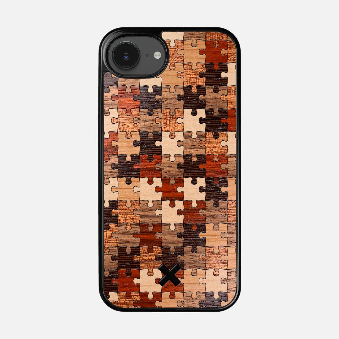 Puzzle Case for the Apple iPhone 16e featuring a Wenge, Maple, Cherry, Sapele, Padauk, and Walnut Wood backer with the Keyway X Mark#Phone Model_iPhone 16e