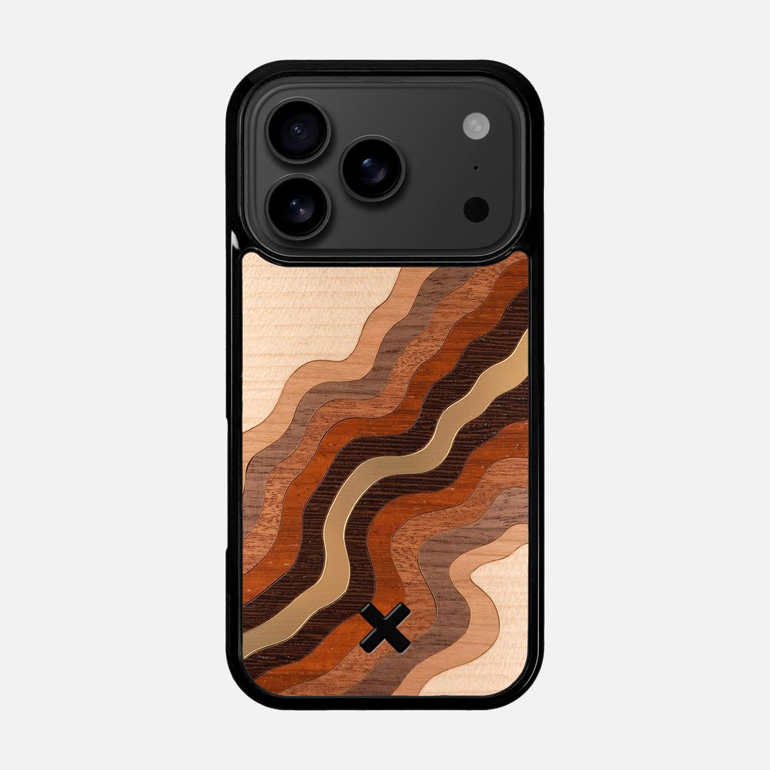 Canyon Case for the Apple iPhone 17 Pro featuring a flowing Gold, Maple, Cherry, Walnut, Sapele, Padauk, and Wenge Wood backer with the Keyway X Mark#Phone Model_iPhone 17 Pro