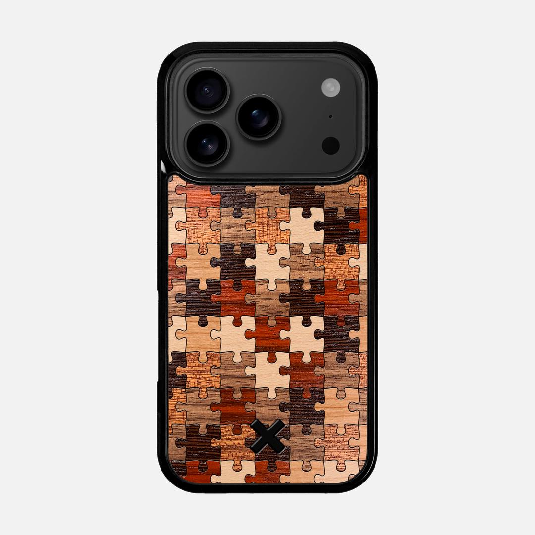 Puzzle Case for the Apple iPhone 17 Pro featuring a Wenge, Maple, Cherry, Sapele, Padauk, and Walnut Wood backer with the Keyway X Mark#Phone Model_iPhone 17 Pro