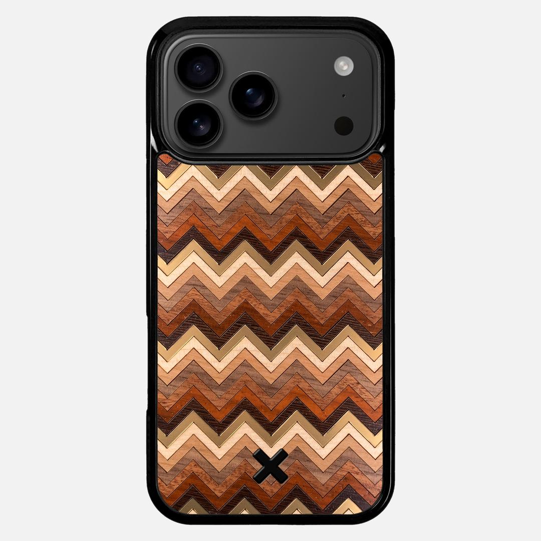 Echo Case for the Apple iPhone 17 Pro Max featuring a zigzag Gold, Maple, Cherry, Walnut, Sapele, Padauk, and Wenge Wood backer with the Keyway X Mark#Phone Model_iPhone 17 Pro Max