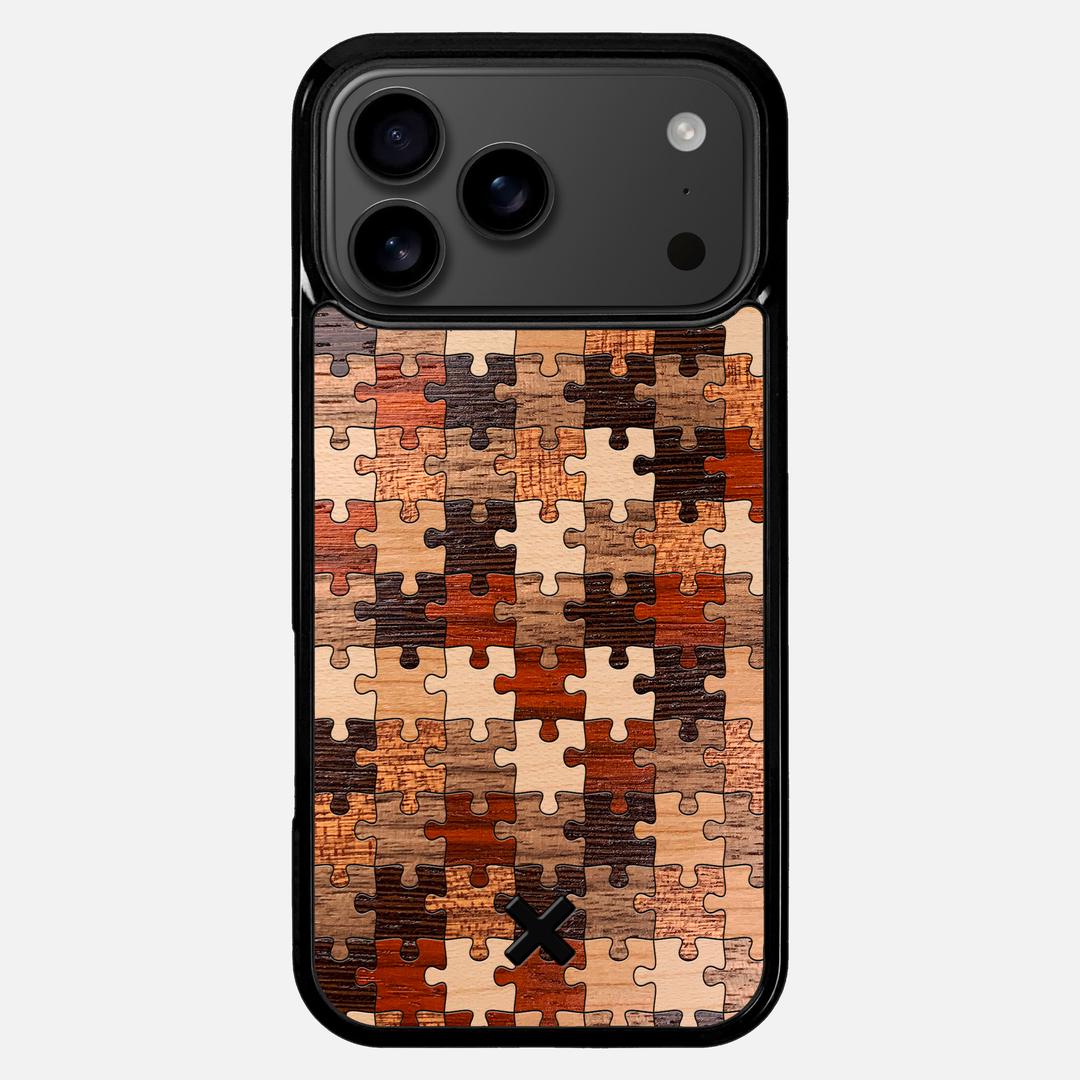 Puzzle Case for the Apple iPhone 17 Pro Max featuring a Wenge, Maple, Cherry, Sapele, Padauk, and Walnut Wood backer with the Keyway X Mark#Phone Model_iPhone 17 Pro Max