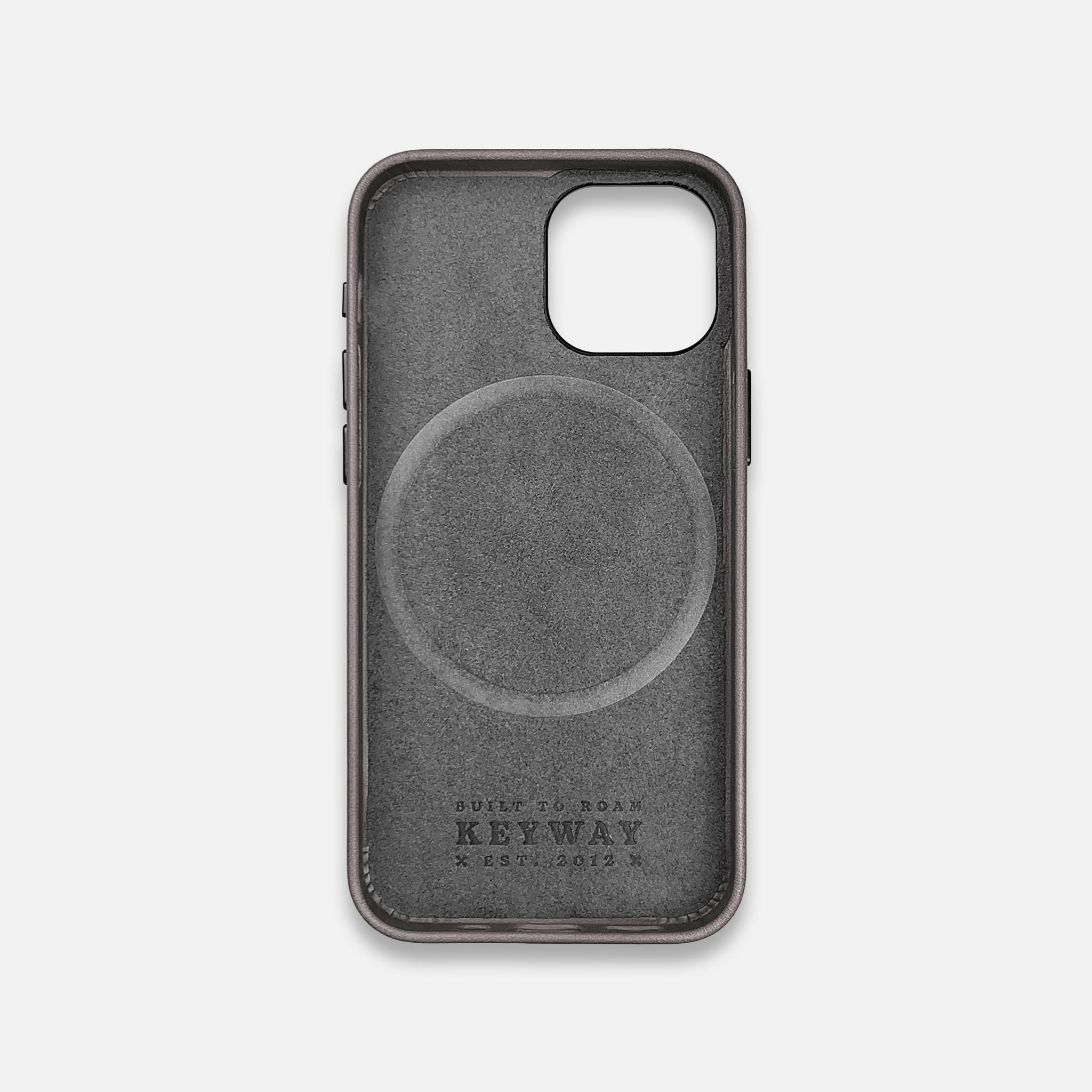 Microfiber lining of Slate Grey Leather MagSafe iPhone 15 Case by Keyway