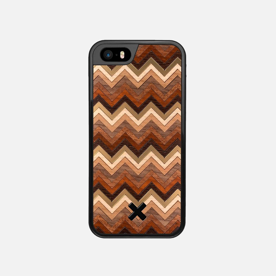 Echo Case for the Apple iPhone SE (2016) featuring a zigzag Gold, Maple, Cherry, Walnut, Sapele, Padauk, and Wenge Wood backer with the Keyway X Mark#Phone Model_iPhone SE (2016)