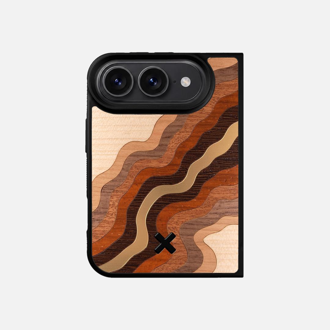 Canyon Case for the Apple iPhone Duo featuring a flowing Gold, Maple, Cherry, Walnut, Sapele, Padauk, and Wenge Wood backer with the Keyway X Mark#Phone Model_iPhone Duo