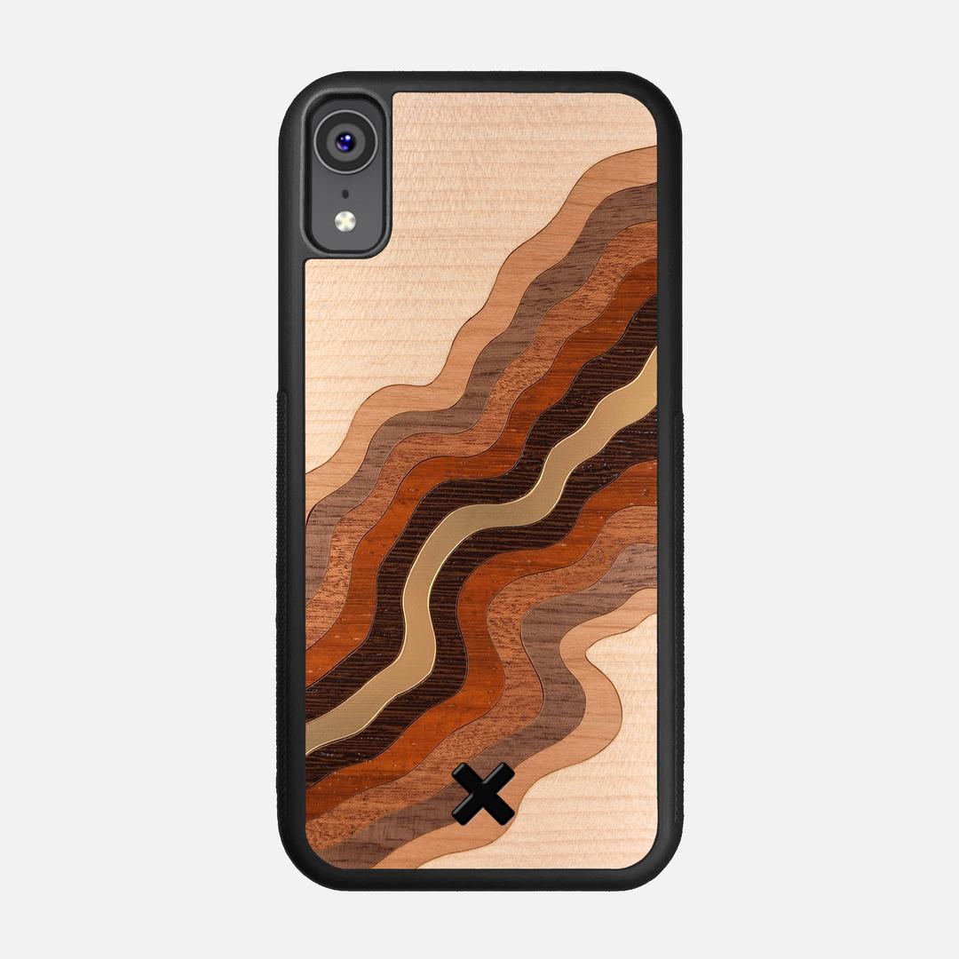 Canyon Case for the Apple iPhone XR featuring a flowing Gold, Maple, Cherry, Walnut, Sapele, Padauk, and Wenge Wood backer with the Keyway X Mark#Phone Model_iPhone XR