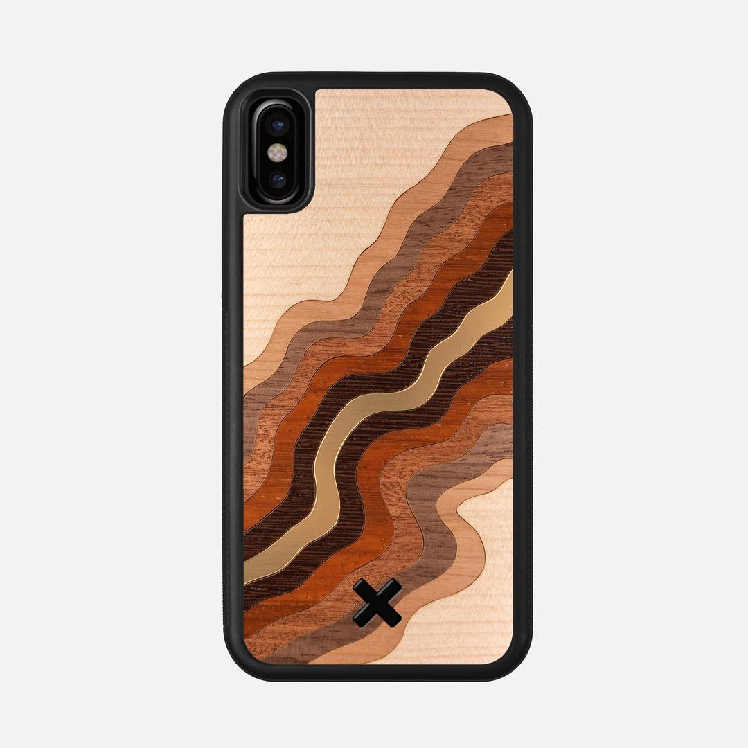 Canyon Case for the Apple iPhone XS featuring a flowing Gold, Maple, Cherry, Walnut, Sapele, Padauk, and Wenge Wood backer with the Keyway X Mark#Phone Model_iPhone XS