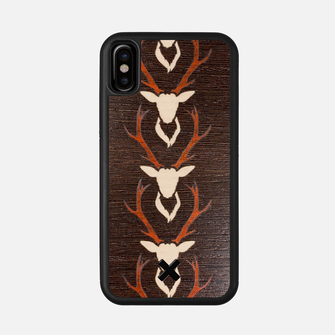 Stag Case for the Apple iPhone XS featuring a Maple & Padauk Deer Inlay on a Wenge Wood backer with the Keyway X Mark#Phone Model_iPhone XS
