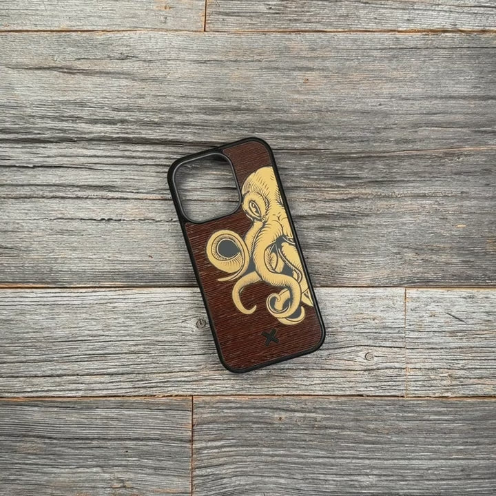 Kraken 2 Wood & Gold Phone Case | iPhone 17 & Galaxy S26 | Keyway