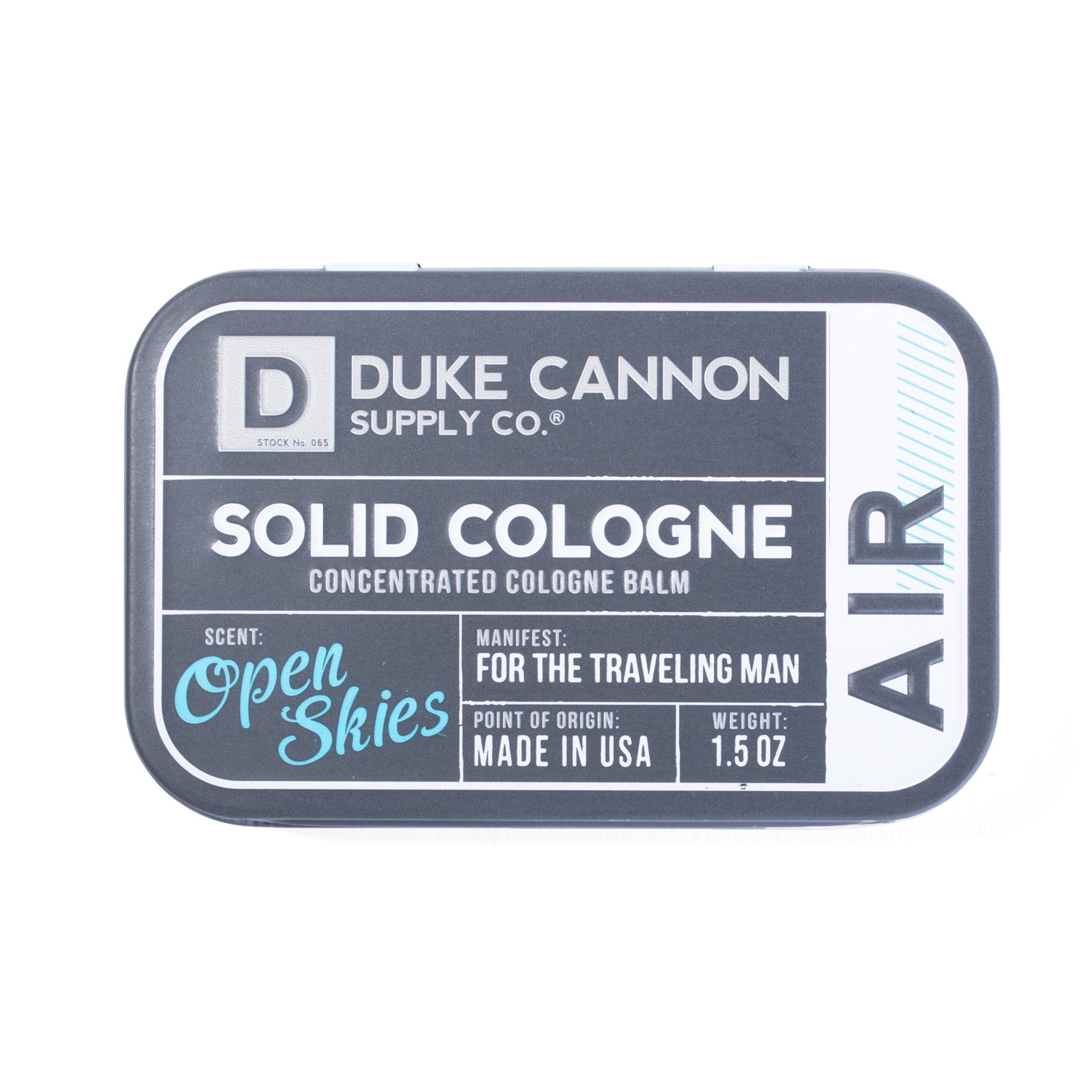 Zoomed view of Duke Cannon Air Open Skies Men's Solid Cologne in Metal Tin 1.5oz | Keyway