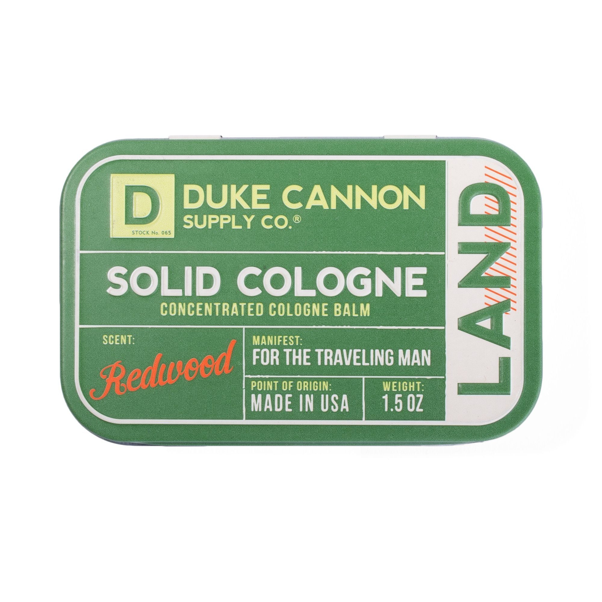 Zoomed view of Duke Cannon Land Redwood Men's Solid Cologne in Metal Tin 1.5oz | Keyway