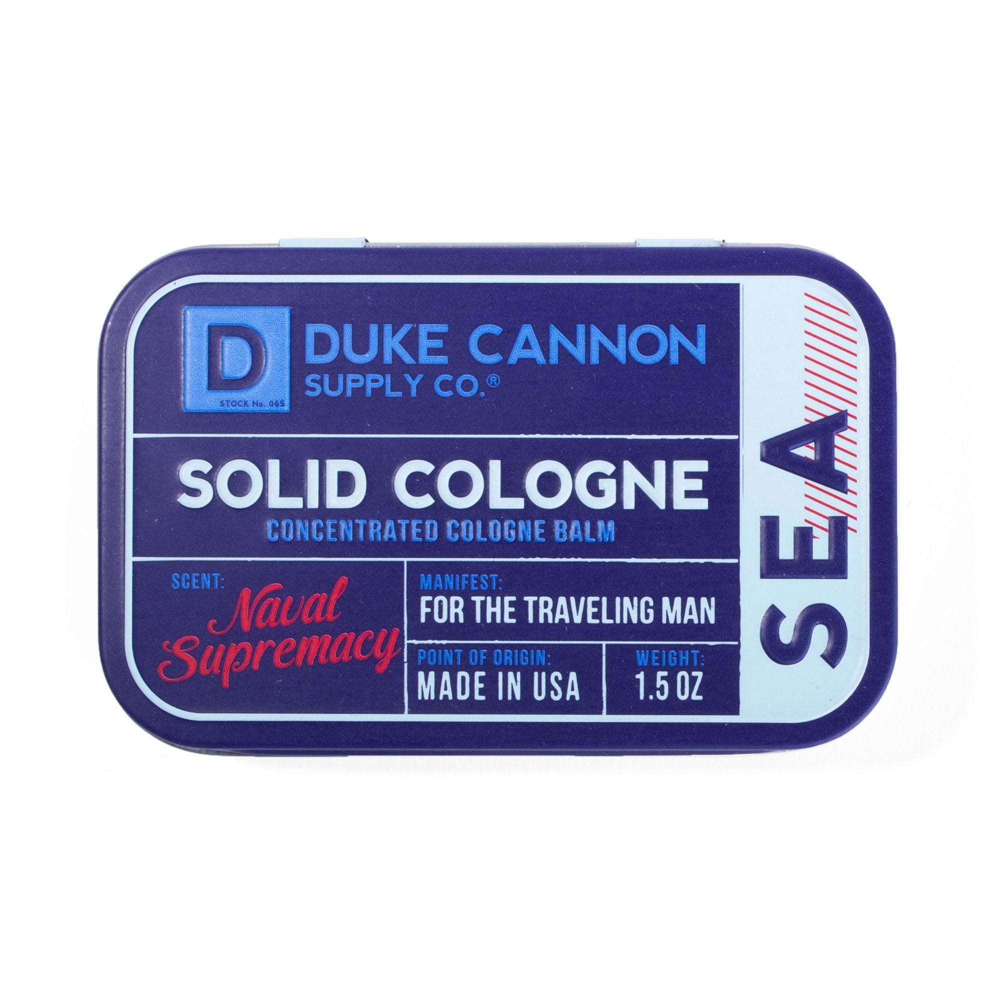 Zoomed view of Duke Cannon Sea Naval Supremacy Men's Solid Cologne in Metal Tin 1.5oz | Keyway