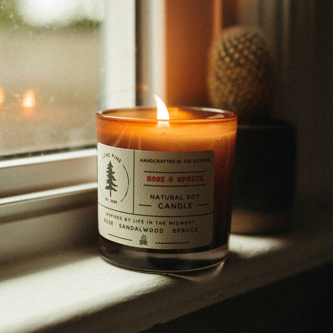 Lone Pine - Rose & Spruce -  Soy Wax Jar Candle Detailed Label