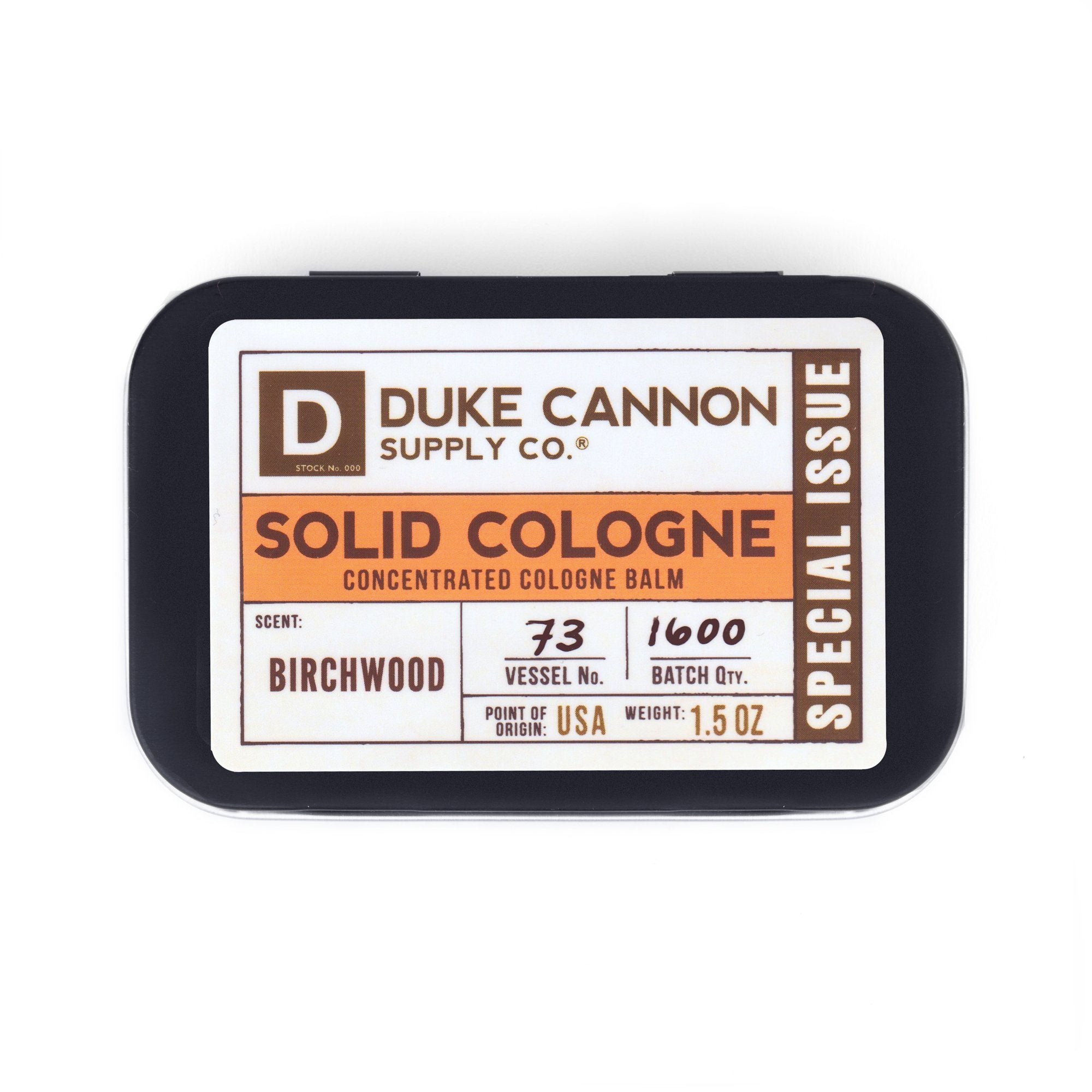 Zoomed view of Duke Cannon Birchwood Men's Solid Cologne in Metal Tin 1.5oz | Keyway