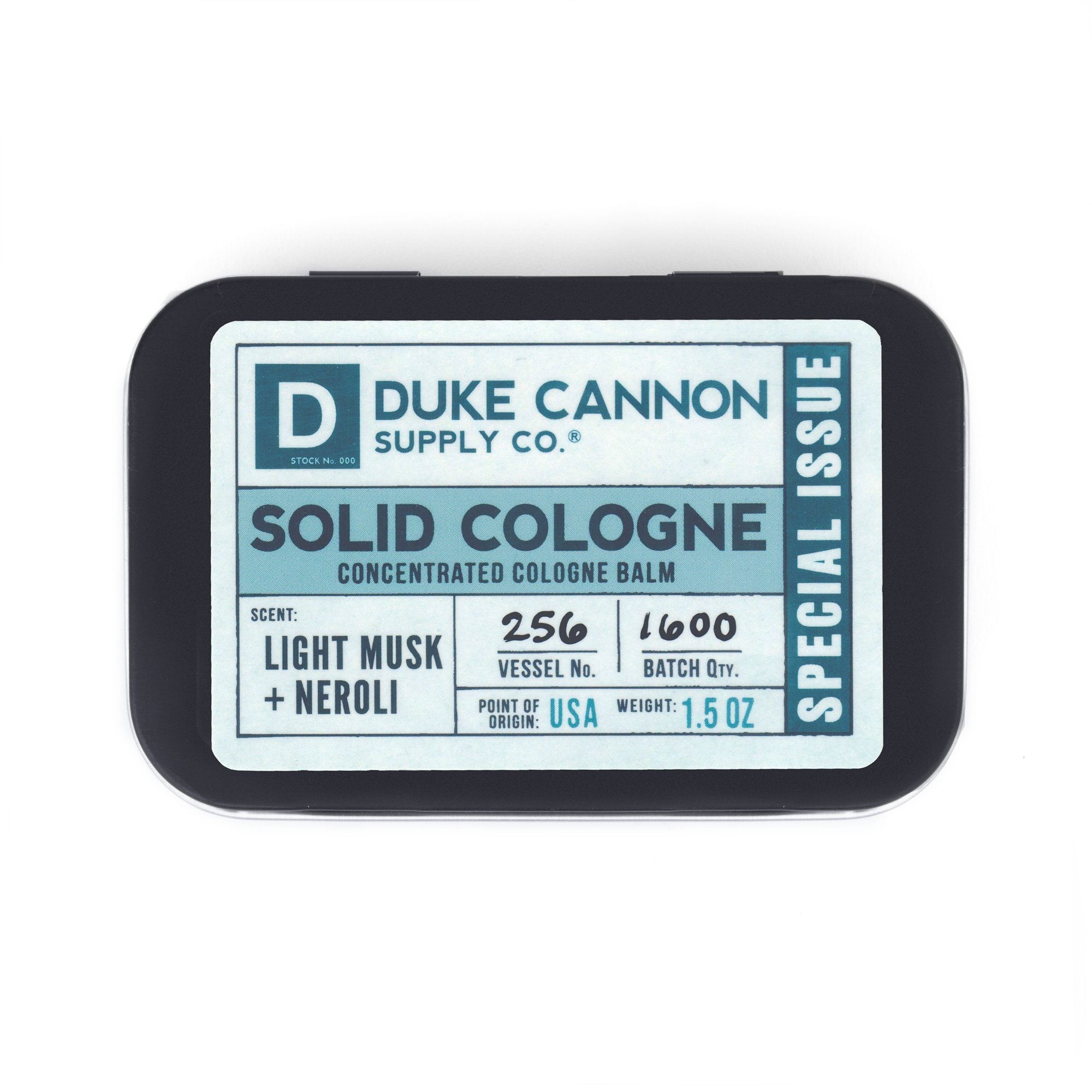 Zoomed view of Duke Cannon Light Musk + Neroli Men's Solid Cologne in Metal Tin 1.5oz | Keyway
