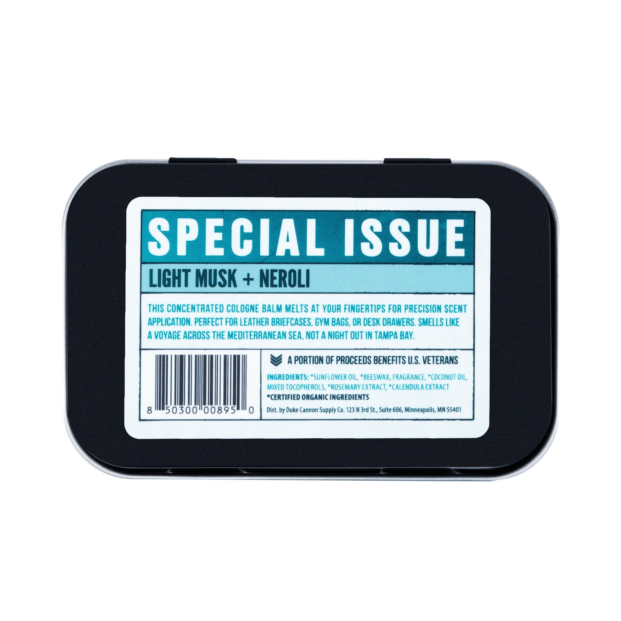 Back Label view of Duke Cannon Light Musk + Neroli Men's Solid Cologne in Metal Tin 1.5oz | Keyway