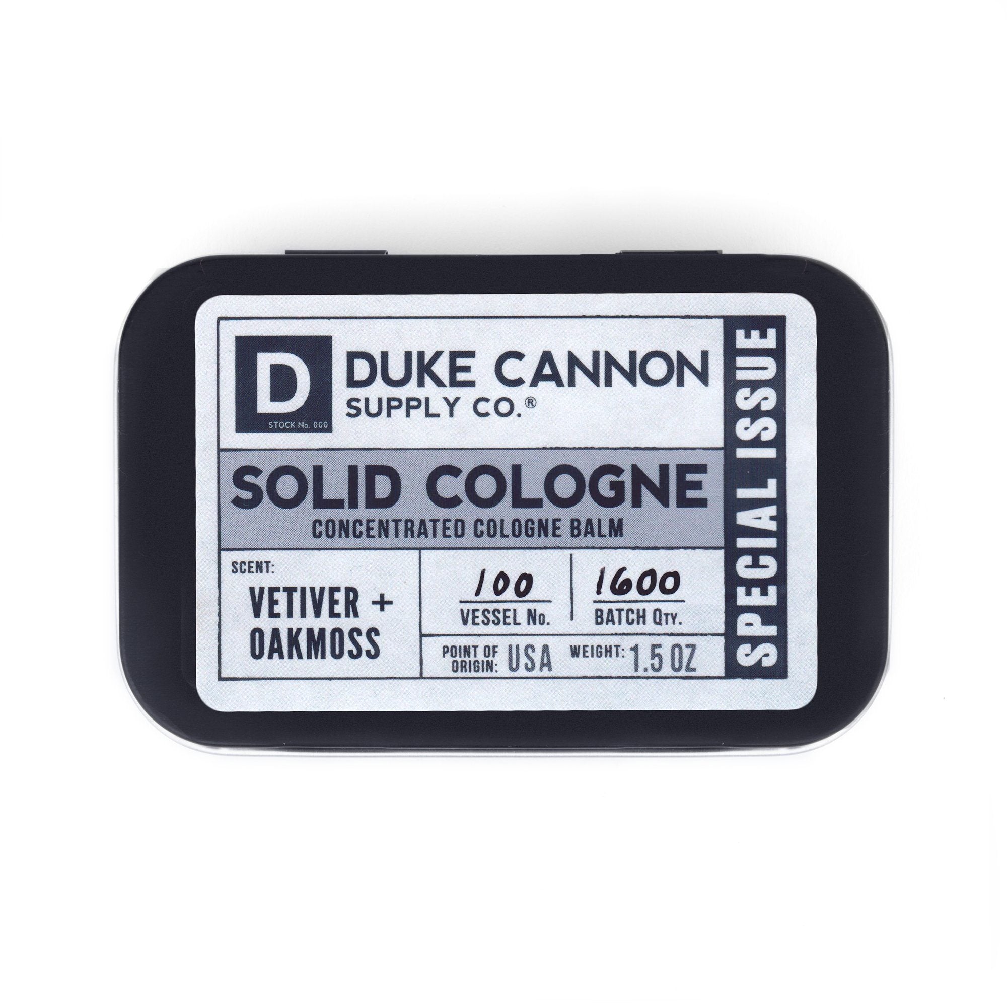 Zoomed  view of Duke Cannon Vetiver + Oakmoss Men's Solid Cologne in Metal Tin 1.5oz | Keyway
