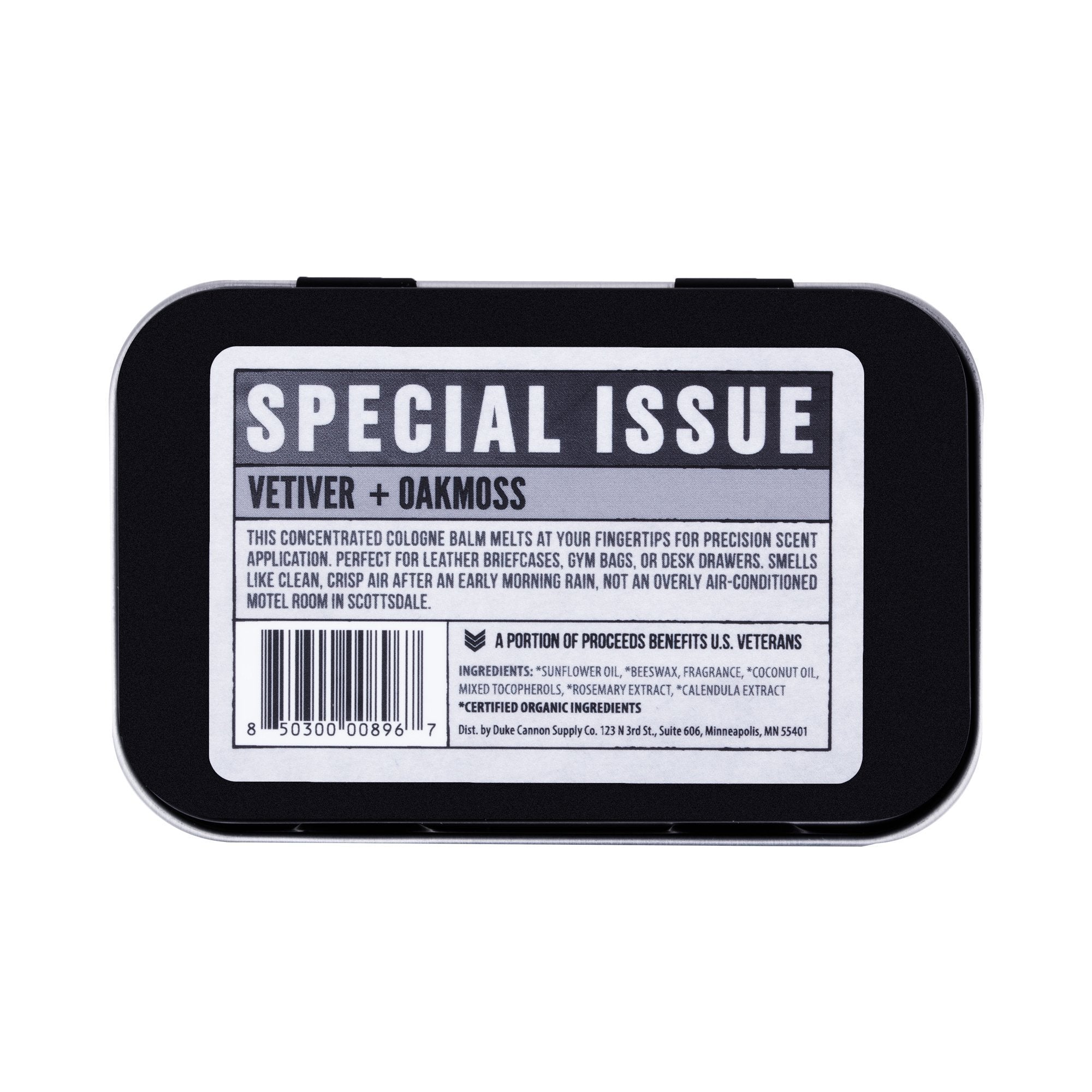 Back Label view of Duke Cannon Vetiver + Oakmoss Men's Solid Cologne in Metal Tin 1.5oz | Keyway