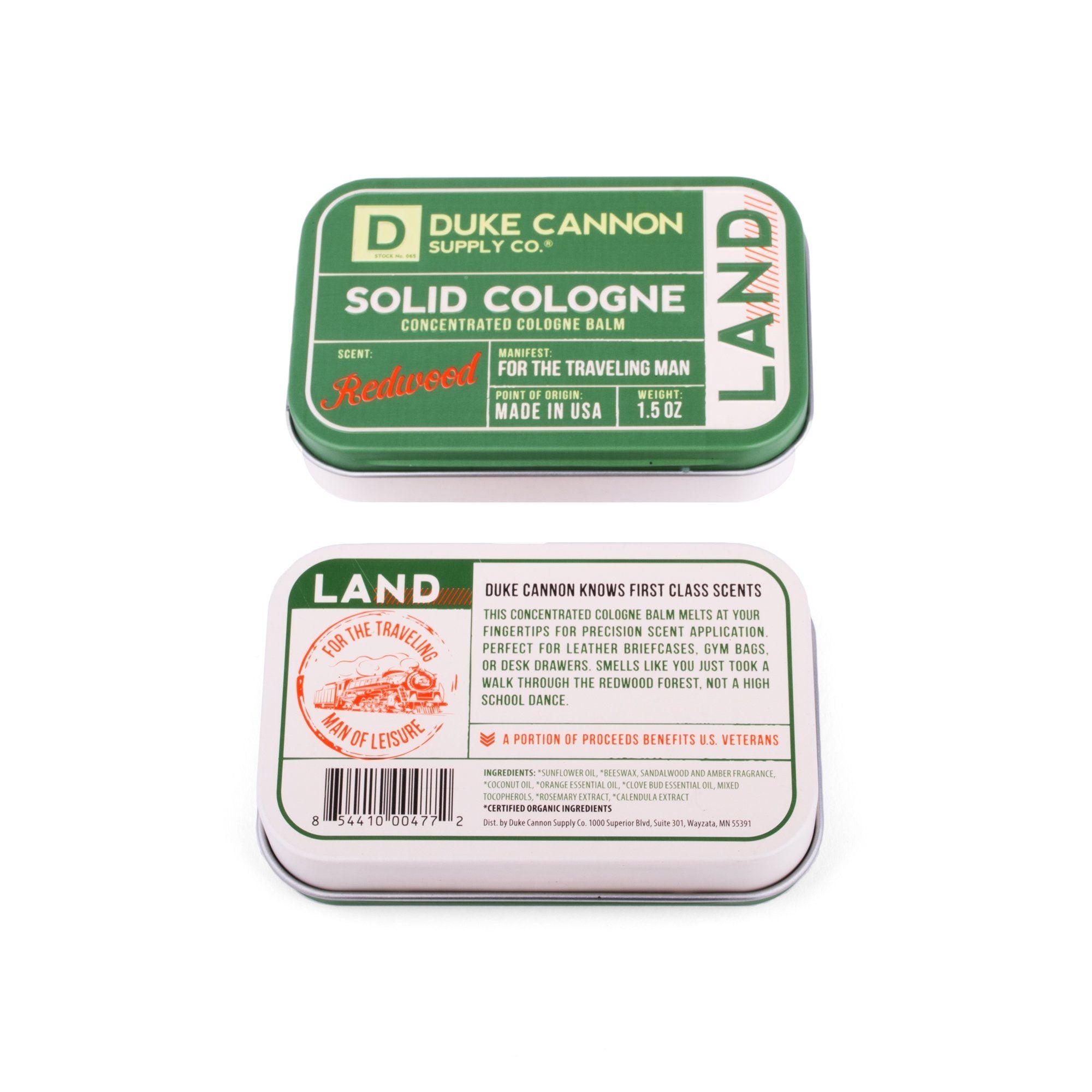Back Label view of Duke Cannon Land Redwood Men's Solid Cologne in Metal Tin 1.5oz | Keyway