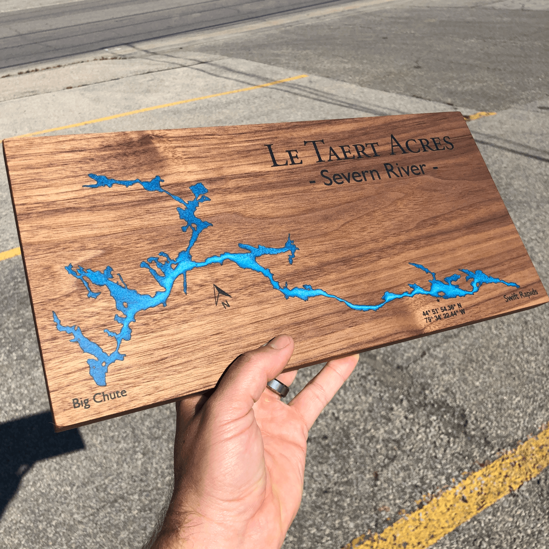 Walnut Wood and Blue Epoxy Lake Sign by Keyway Designs