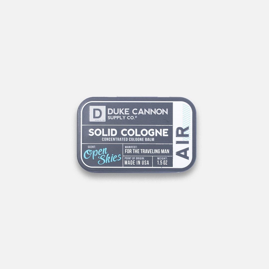 Top view of Duke Cannon Air Open Skies Men's Solid Cologne in Metal Tin 1.5oz | Keyway